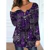 Plus Size Paisley Print Loose V-Neck Button-Up Top Women Casual Elegant Long Sleeve T-Shirt
