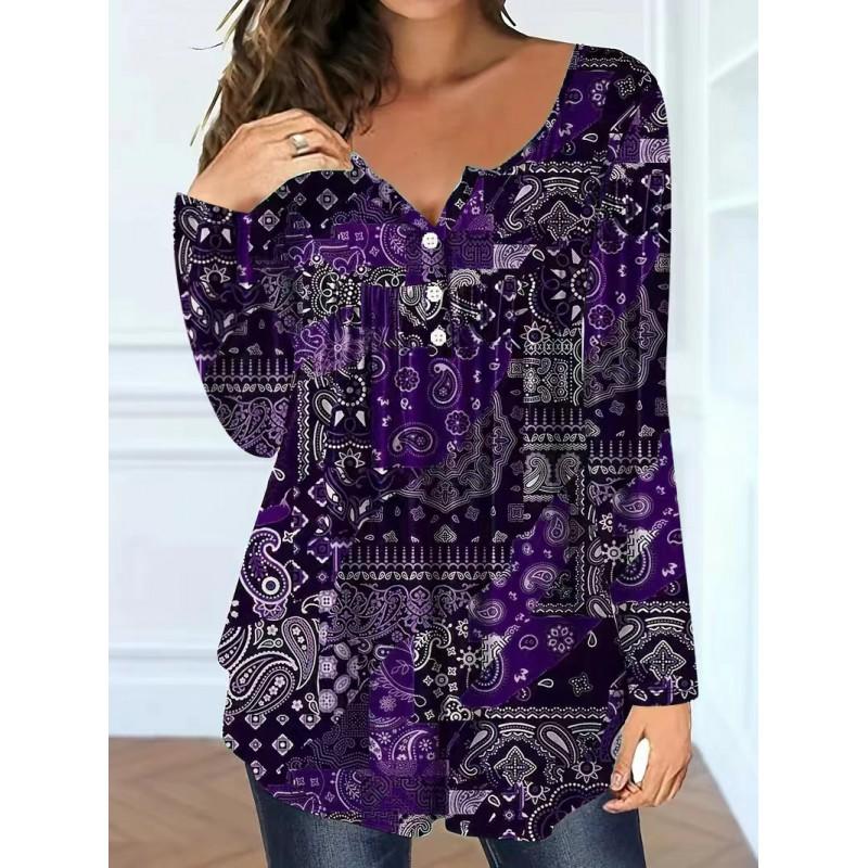 Plus Size Paisley Print Loose V-Neck Button-Up Top Women Casual Elegant Long Sleeve T-Shirt