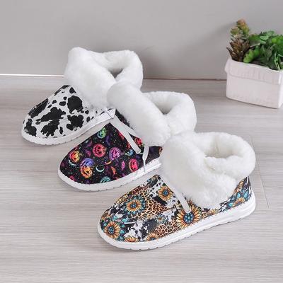 Хлопковая обувь больших размеров Женские зимние 2025 Новые повседневные низкие с принтом Флисовые утепленные женские зимние ботинки