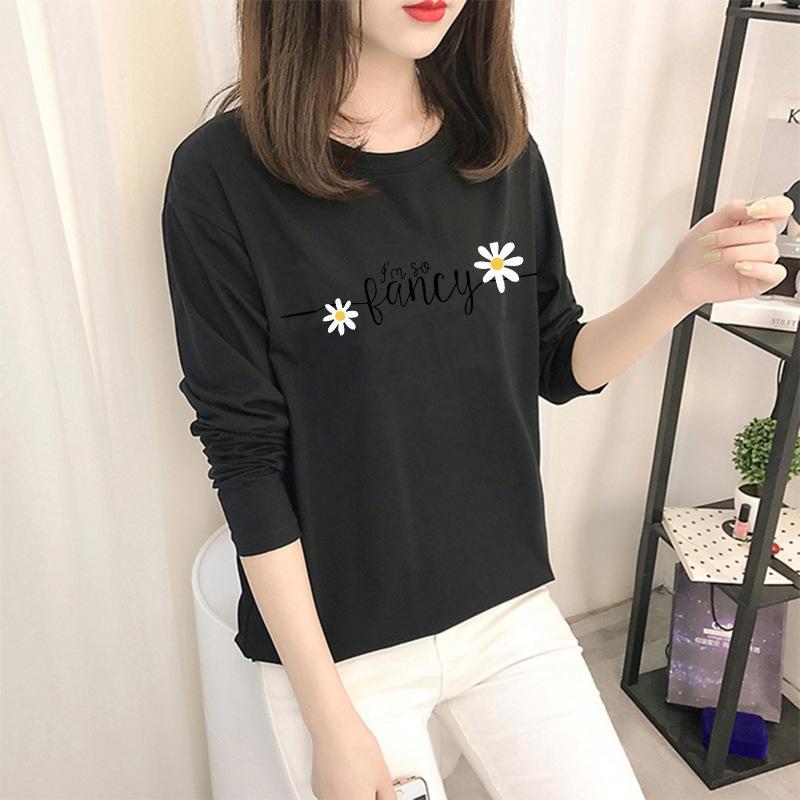 Осень 2023 г. Корейские топы с рисунком - женские футболки с длинными рукавами в однотонных цветах