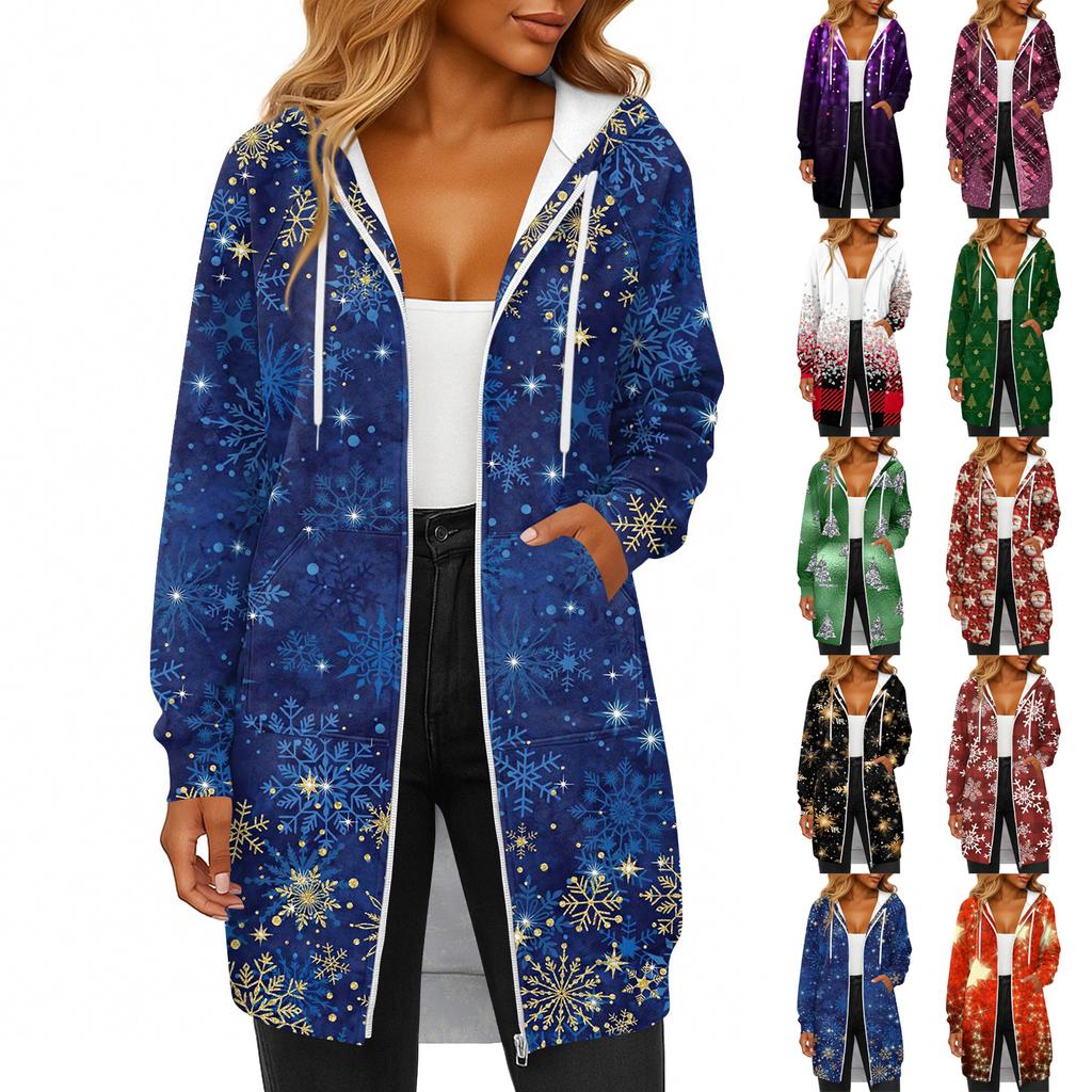 Women's Fashionable Christmas Printed Long Sleeved Drawstring Hooded Zipper Pocket Long Casual Sweatshirt Jacket