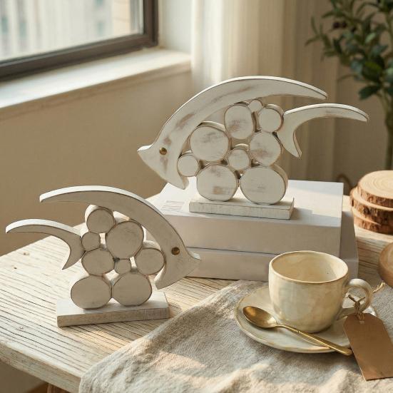 Decorative Wooden Fish Ornaments Hollow Design Coastal Style Fish Desktop Decoration Rustic Beach Style