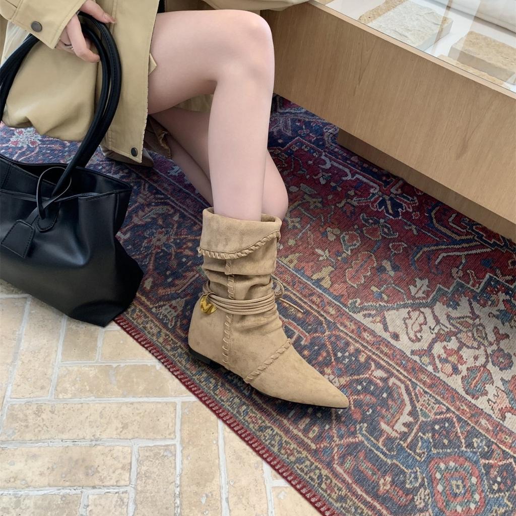 Женские сапоги-рыцари средней длины из замши на танкетке, увеличивающие рост, с острым носком, узкие, осень-зима 2025, в стиле вестерн, ковбойские, с мехом