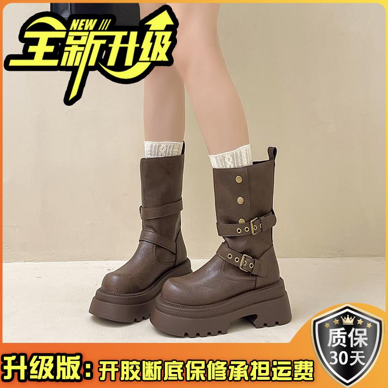 Модные универсальные кожаные ботинки на платформе увеличивают рост на две носки ботинки Мартин женские осенне-зимние ретро с пряжкой рыцарские ботинки локомотив