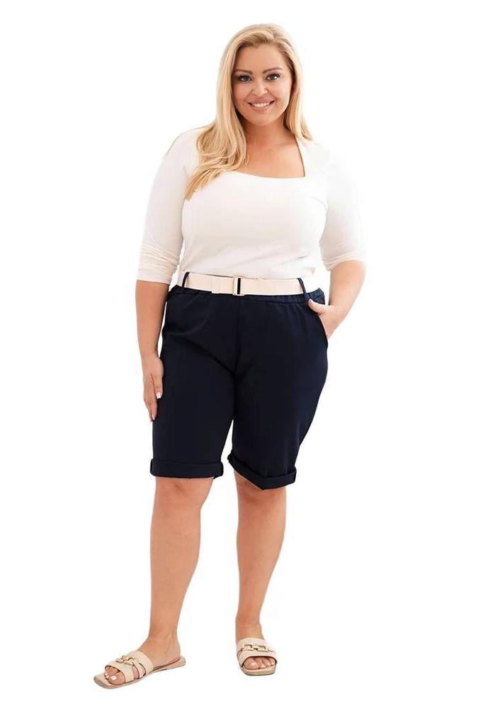 Spodenki Damskie Bawełniane Plus Size Z Paskiem Granatowe Xxxxl