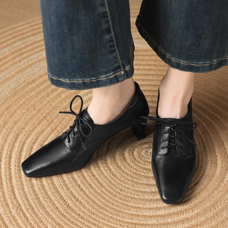 Krazing Pot Sheepskin Spring Summer Size 43 Size 42 Size 41 Chunky Heels Women Square Toe Office Lady Lace Up Pumps