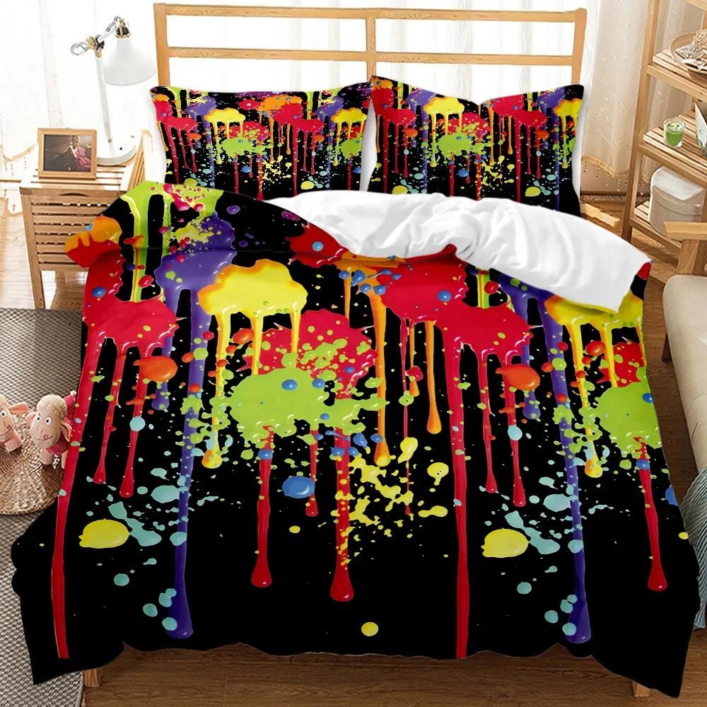 Abstract Duvet Cover Set, Grunge Style, Dirty Look with Colorful Watercolor Stains, Liquid Splashes, Polyester Bedding Set, Quee