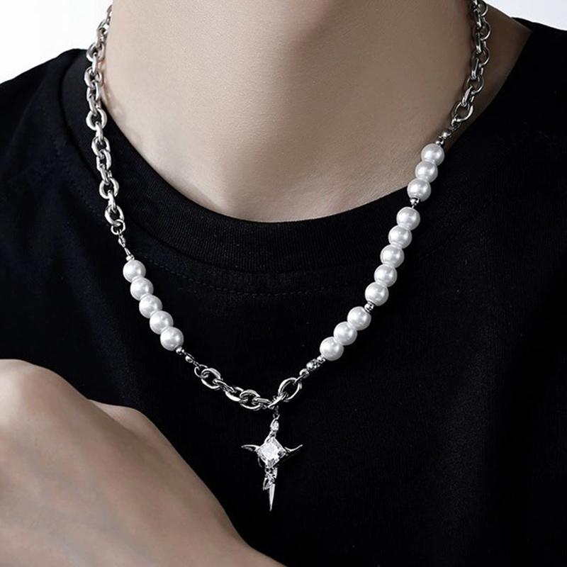 Sweet And Cool Diamond Star Cross Necklace For Men And Women Light Luxury Niche High-End Bead Clavicle Chain