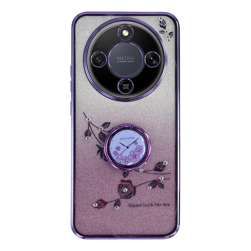 KADEM Phone Case For Honor Magic8 Lite 5G / X9d 5G / X70 5G Ring Kickstand TPU Flowers Phone Cover Gradient Glitter