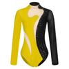 Womens Color Block Patchwork Leotard Sparkling Rhinestone Sheer Mesh Long Sleeve Bodysuit for Gymnastics Acrobatics Dance