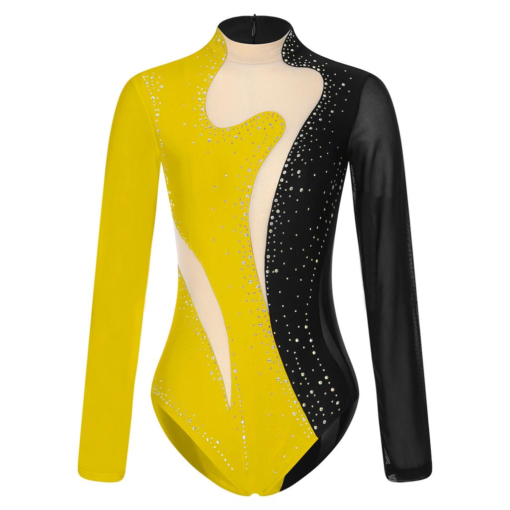 Womens Color Block Patchwork Leotard Sparkling Rhinestone Sheer Mesh Long Sleeve Bodysuit for Gymnastics Acrobatics Dance