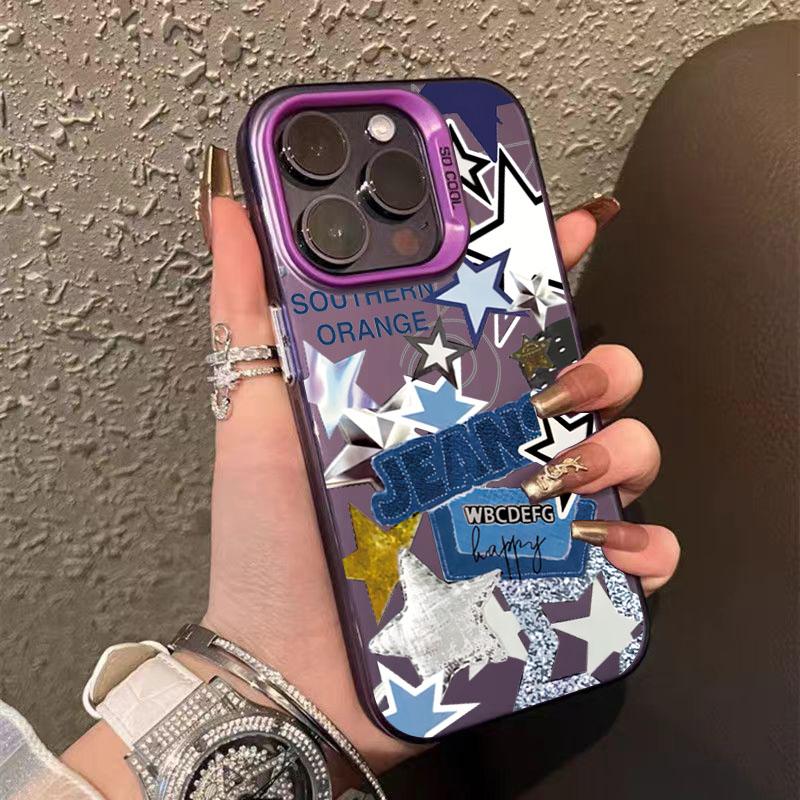 Cool Pink Five-Pointed Star Phone Case For IPhone 16 15 14 13 12 11 Pro Max Laser Hard Shockproof Cover Case Funda Bumber
