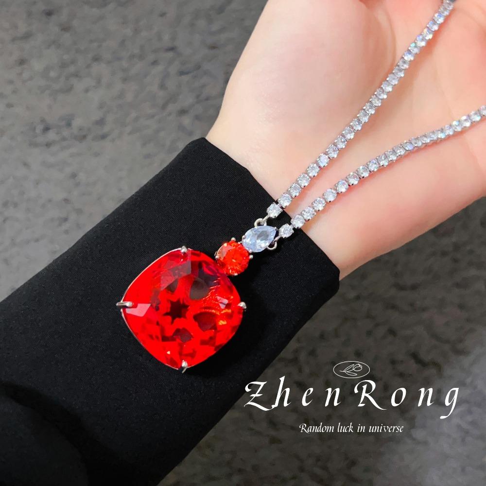 Luxury Simulated Pigeon Blood Ruby Jewelry Set Full Diamond Necklace Earrings Wedding Bride Party