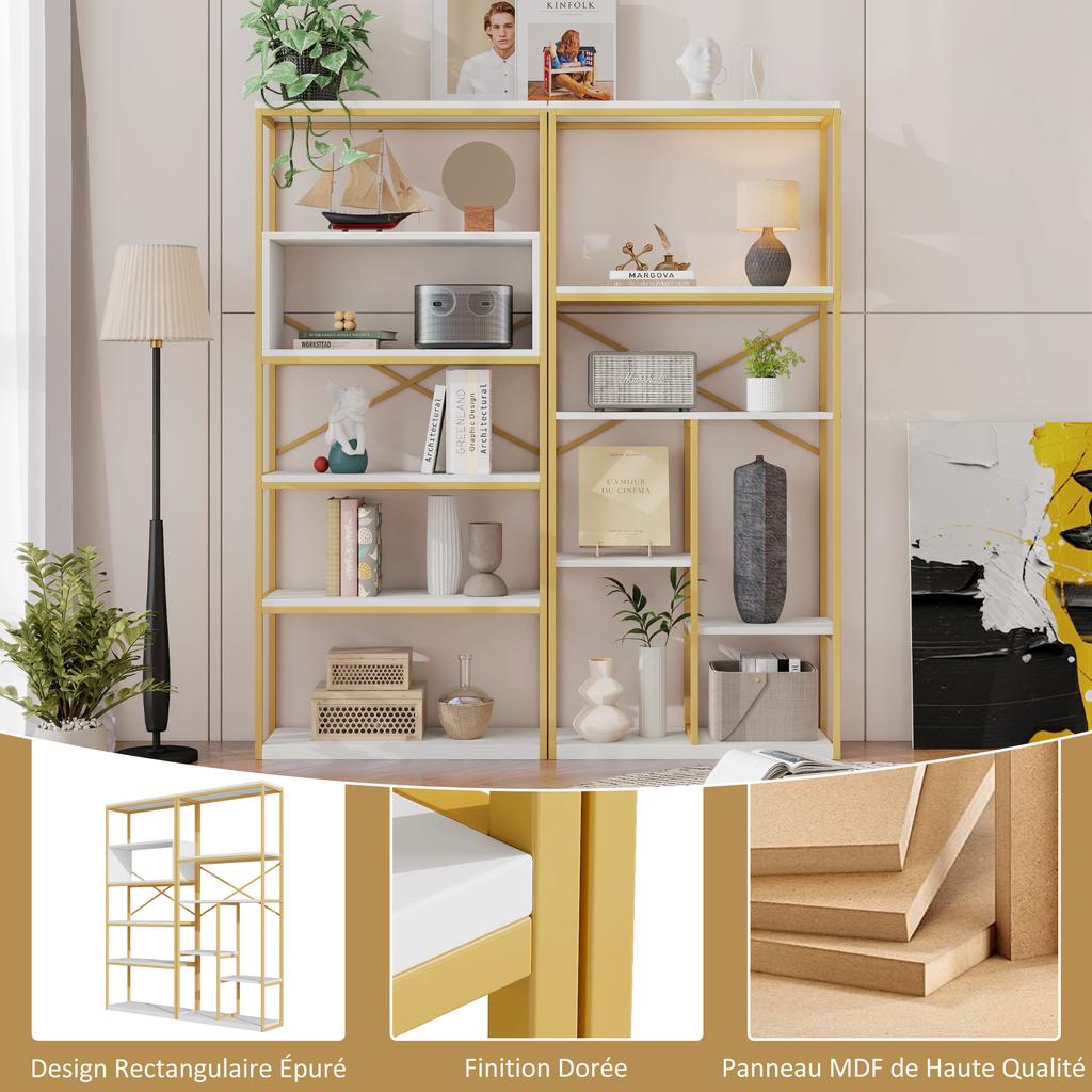 160 x 29.5 x 180 cm Shelf in Modern Minimalist Style, Steel Tube + MDF, Gold-White Color Scheme, Easy to Assemble and Clean, Gold + White