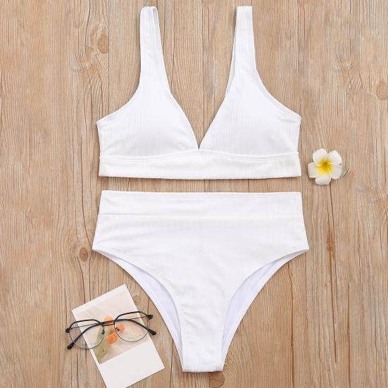 Бикини из двух частей с V-образным вырезом, сплошной цвет, женский ребристый глубокий комплект, бюстгальтер, трусы, купальник для лета