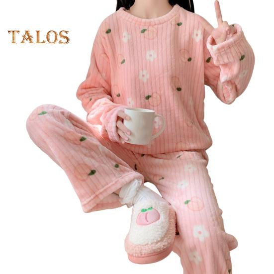 2 шт./комплект Женская зимняя пижама с круглым вырезом и рисунком медведя и персика, длинный рукав, коралловый флис, домашняя одежда, топ и штаны, комплект, свободная домашняя одежда для женщин