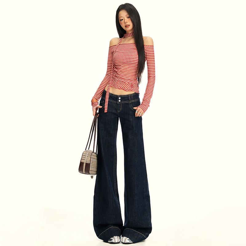 American retro dark blue without sticking to the legs, slightly pulled jeans, loose and thin, versatile and mopping the floor