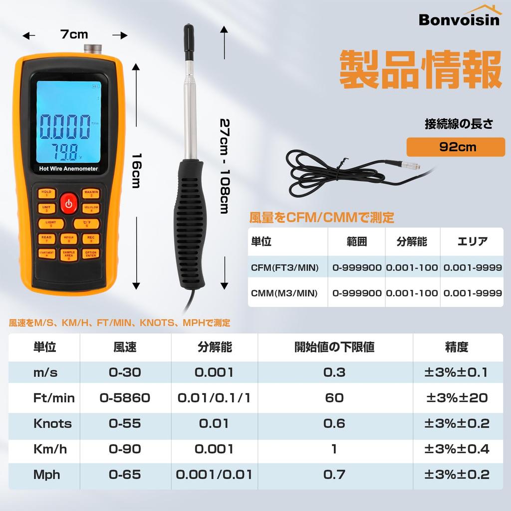Цифровой измеритель воздушного потока Bonvoisin с термоанемометром, работающий от батареи, не высокопроизводительный, с японским руководством в комплекте Анемометр, Измеритель, Тип,