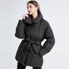 Winter Women's Stand Cotton Padded Puffer Jacket Mid Length Belted Outerwear Casual Thick Warm Loose Coat
