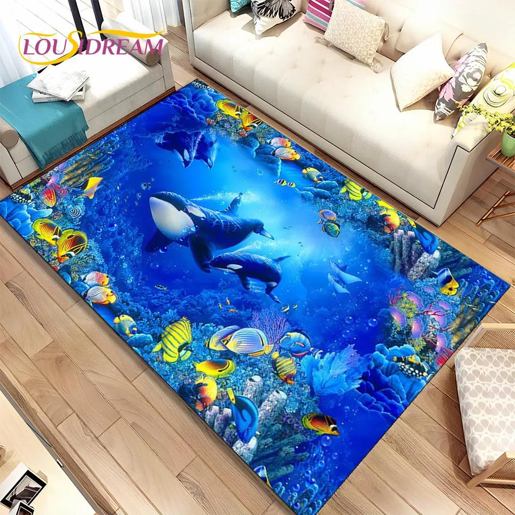 3D иллюзия морского дна, подводный мир, коврик с дельфином и акулой, коврик для гостиной, спальни, дивана, коврик, нескользящий напольный коврик