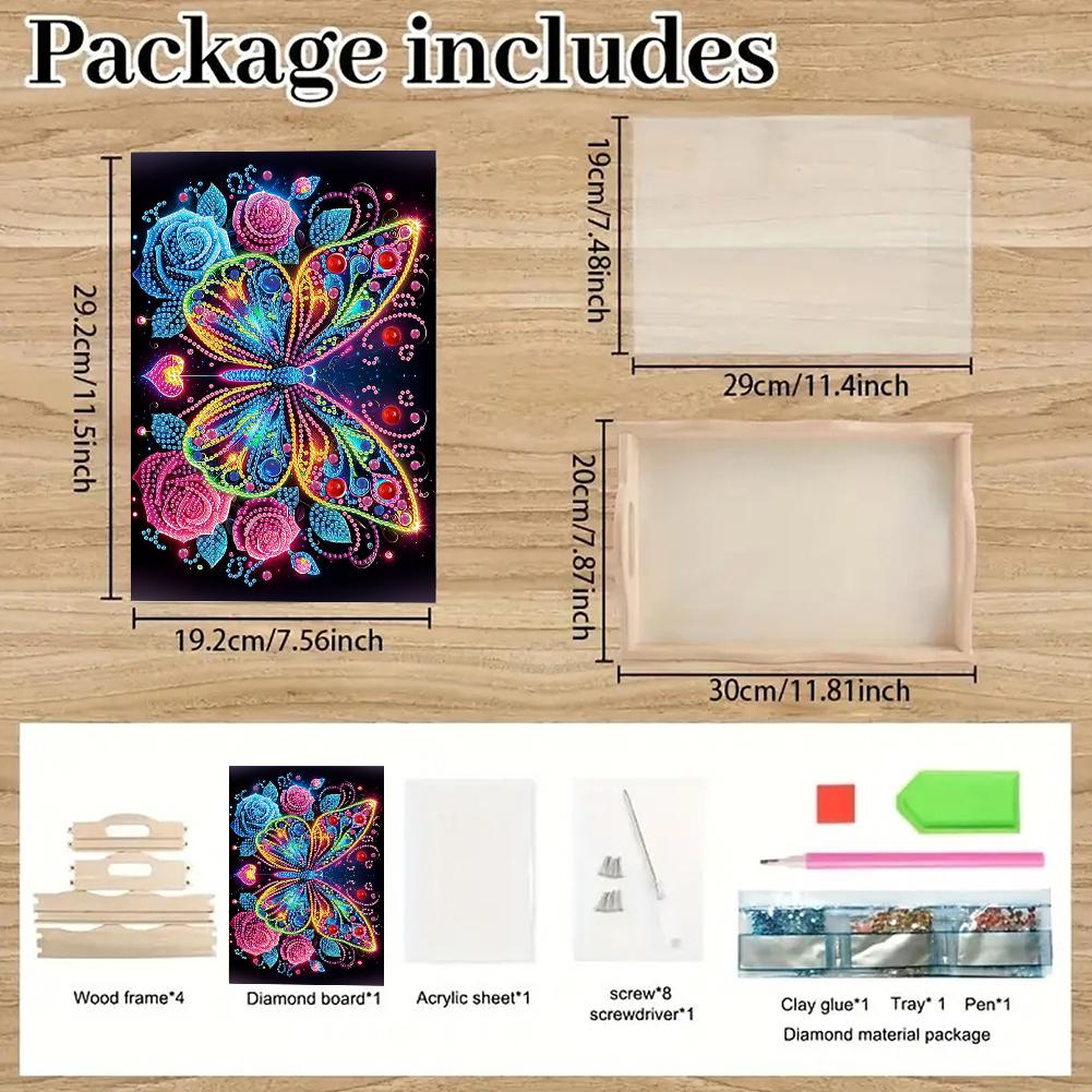 Wooden Colorful Pattern 5D Diamond Painting Tray Art Craft with Handle DIY Diamond Painting Food Tray Kit for Countertop Decor
