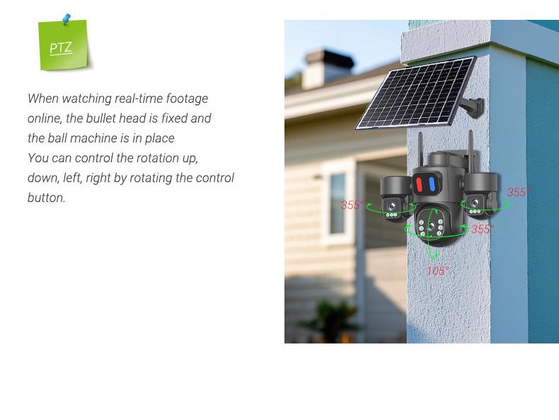 Solar-Powered Triple-Lens Rotating Alert Camera with Red & Blue Lights - Waterproof Outdoor Surveillance