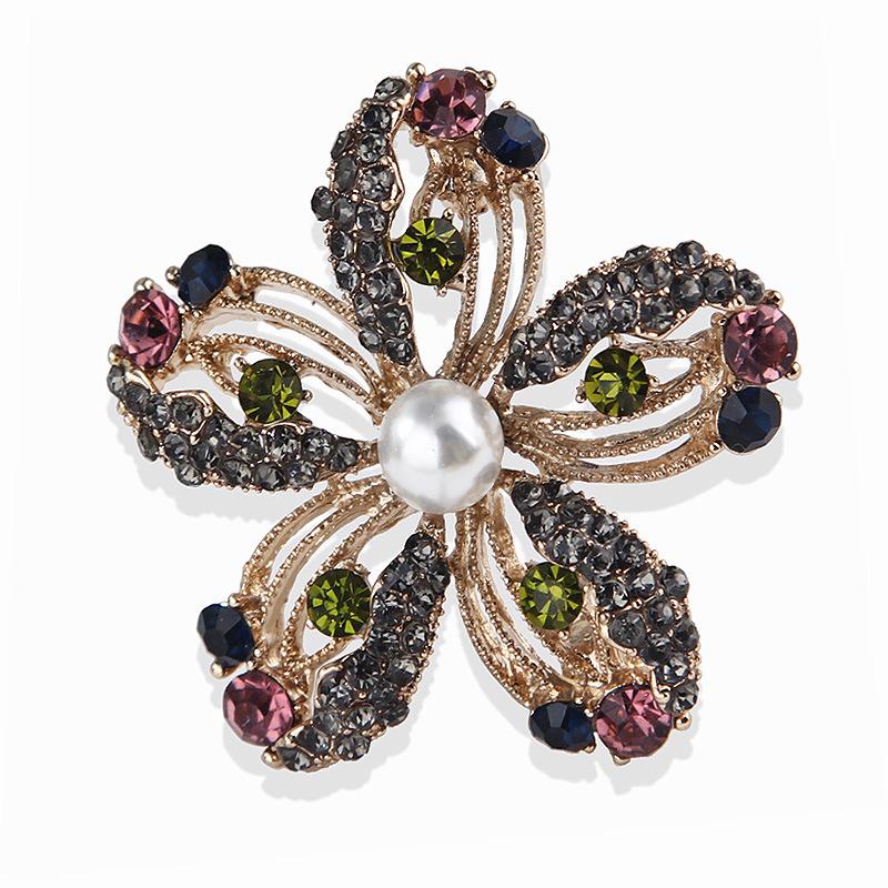 Luxury Vintage Crystal Color Gemstone Ribbon Flower Alloy Brooch Pin Corsage Accessories Brooch