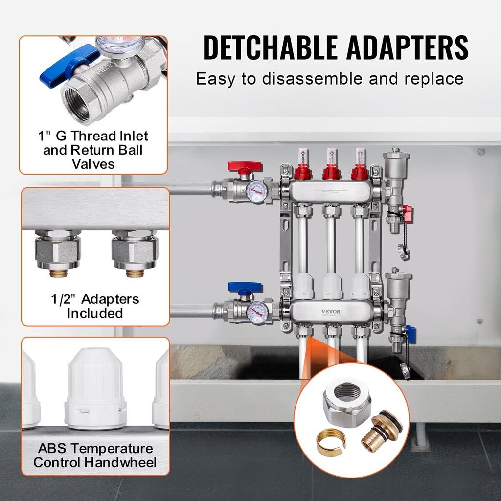 3-Branch Radiant Heat Manifold 1/2" PEX Tubing Floor Heating Manifold Set