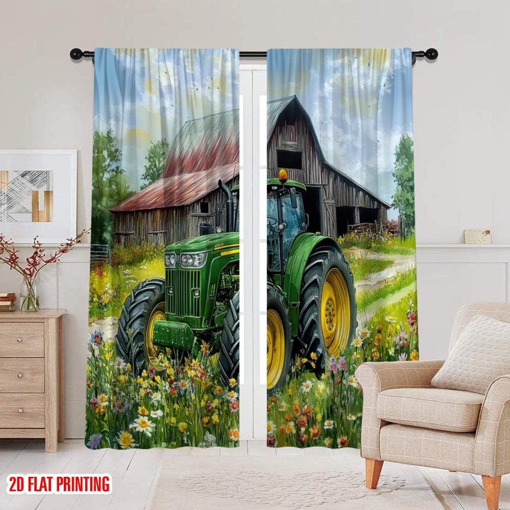 2pcs,2D Plane Printing Pattern Curtains Farm Tractor Durable 100% Polyester Fabric (without Rod) Home Decor for Kitchen Living