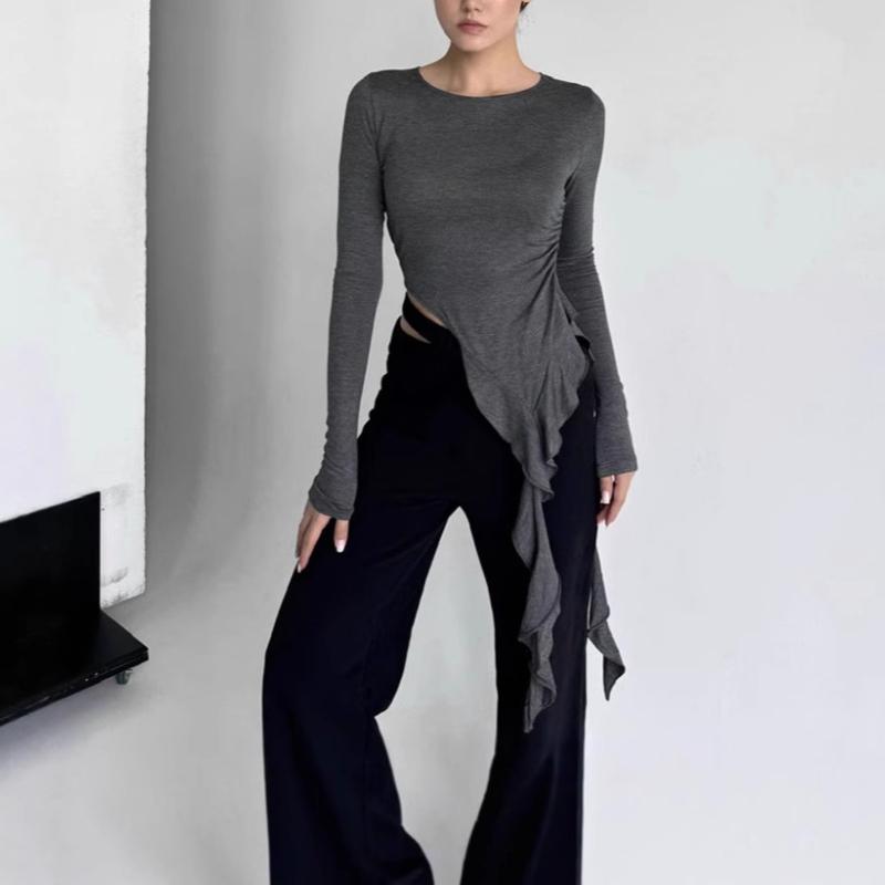 Европейская и американская осенняя мода, дизайн со вставками, топ с неровным кружевом в виде лепестков лотоса и лентами