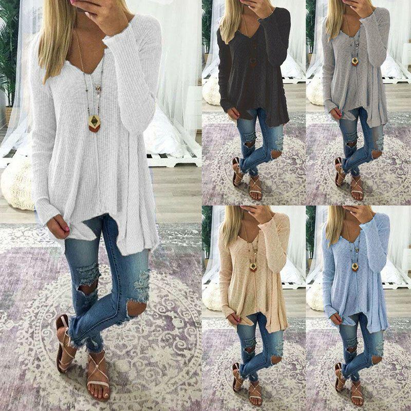 Элегантная женская блузка большого размера с длинным рукавом, свободного кроя, с мешковатым V-образным вырезом, туника, футболка