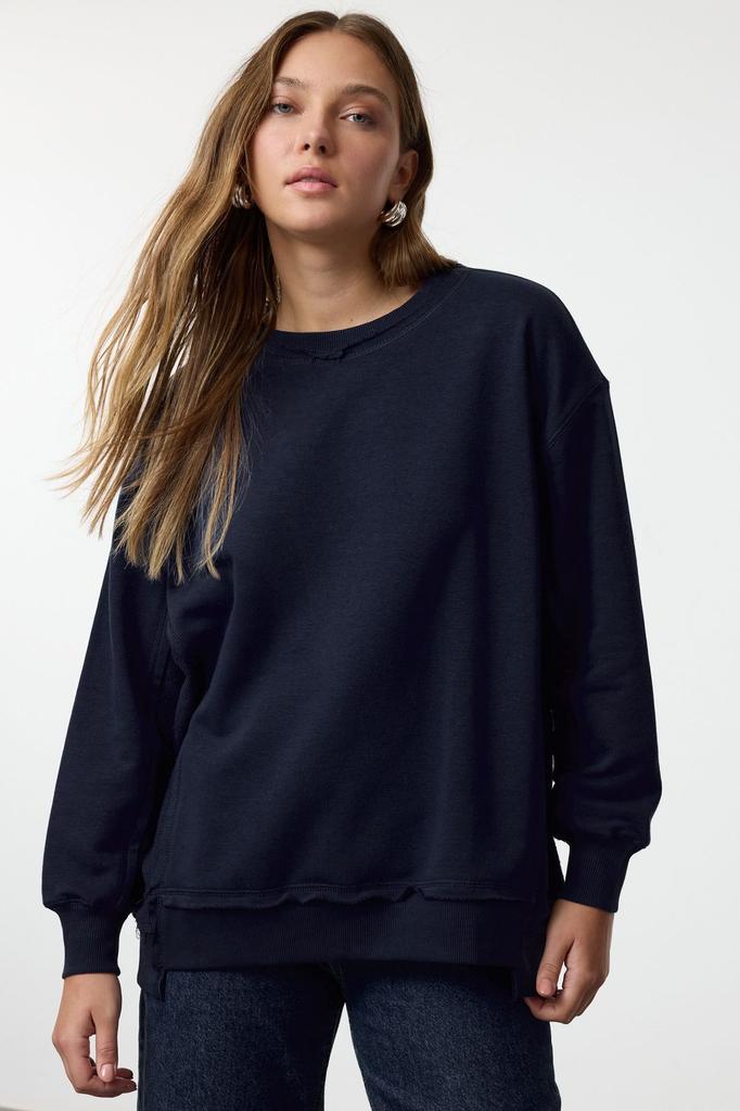Женская модная стильная толстовка темно-синего цвета с толстой флисовой подкладкой, широкий вязаный свитшот большого размера
