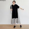 MODIQUE Summer Plus Size New Women Basic Loose Minimalist Patchwork Pleated Long Dresses Female Casual Short Sleeve O-Neck Dresses