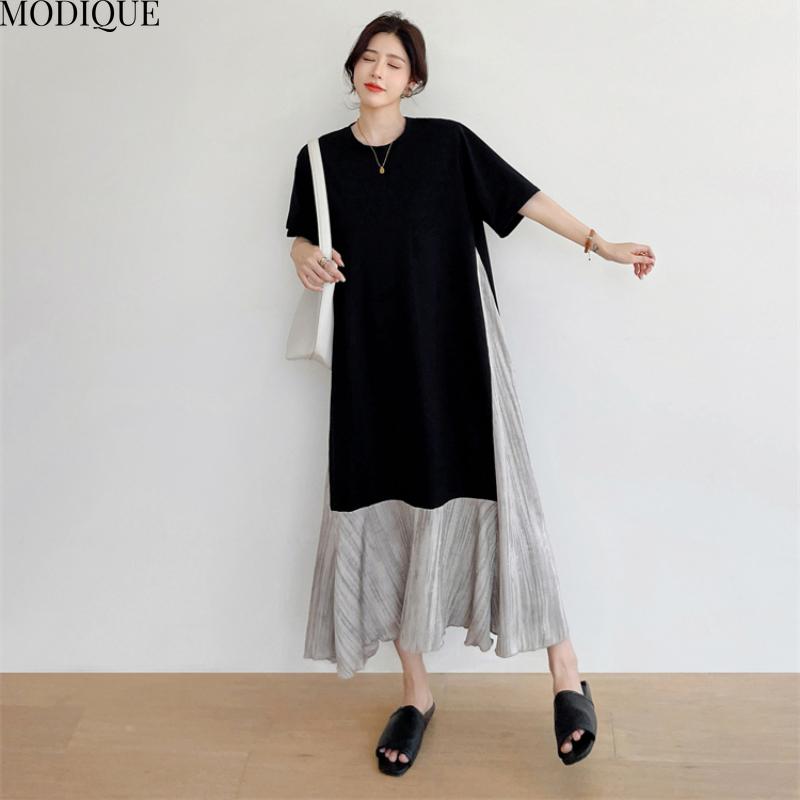 MODIQUE Summer Plus Size New Women Basic Loose Minimalist Patchwork Pleated Long Dresses Female Casual Short Sleeve O-Neck Dresses