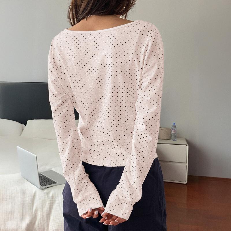 Женская блузка в горошек с длинным рукавом, квадратный вырез, облегающий крой, повседневный топ для ежедневной носки