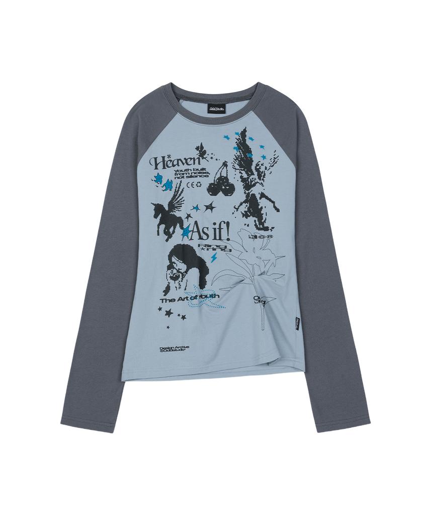 ODDSTUDIO Kitsch Stamp Pintuck Raglan Long Sleeve - Gray Blue