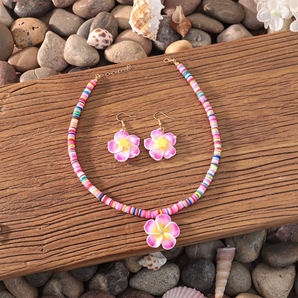 Bohemian vacation style egg flower necklace earrings set ins niche flower soft pottery color collarbone chain tide