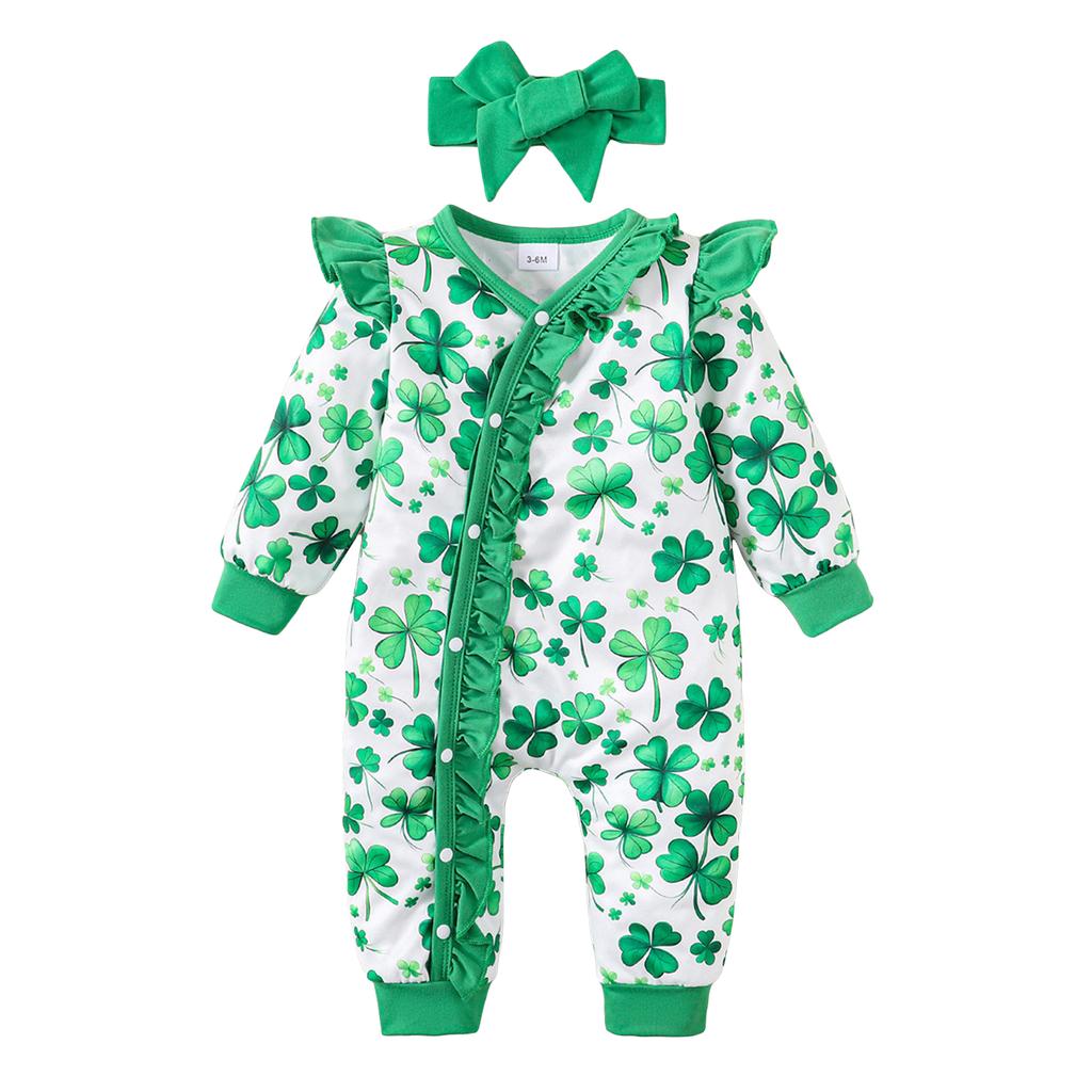 Baby Girls Rompers and Headband Sets Shamrock Print V-Neck Long Sleeve Jumpsuit Bodysuits Ireland Festival Clothes