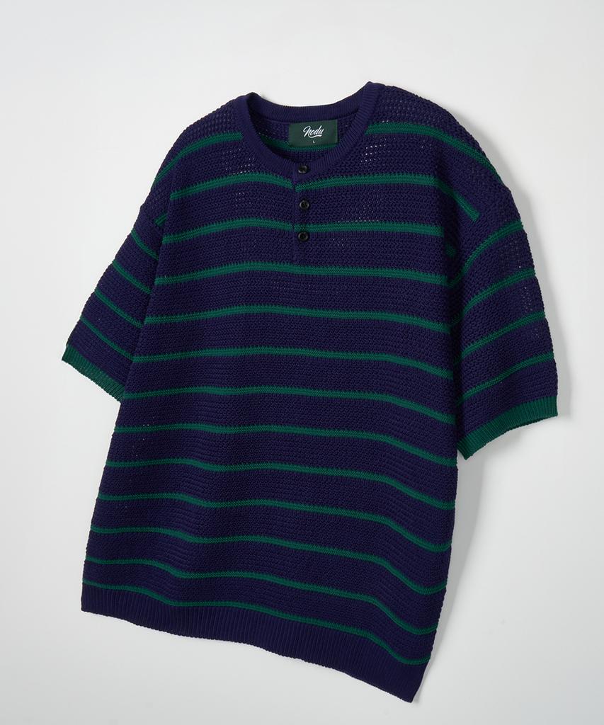 NODU Henley Neck Striped Short Sleeve Knit [Navy]