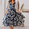 Женское платье с коротким рукавом и цветочным принтом, V-образный вырез, трапециевидной формы, большие качели, плиссированная сетка, лоскутное платье, длина до середины икры