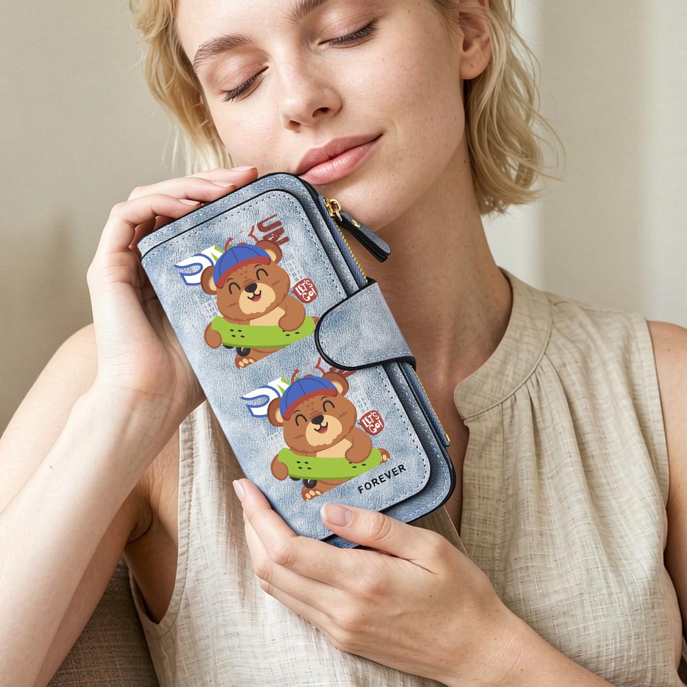 Cute Cartoon Bear Print Long Wallet Fashion Large Capacity PU Leather Wallet for Daily Use Casual Portable Card Holder Purse