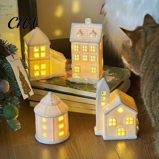 LED Christmas Town Decor Ceramic Village House with Lights, Minimalist Nordic Style White Night Light Desktop Ornament, Decorative Lights for Holiday