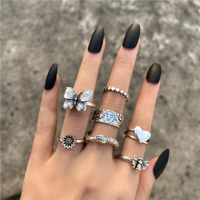 17KM Retro Hiphop Snake Skeleton Skull Rings Set For Men Women Punk Silver Plated Butterfly Chain Rings 2022 Trend Jewelry Gifts