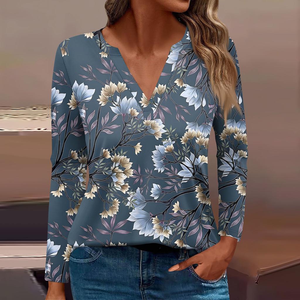Женская модная повседневная футболка с V-образным вырезом и длинным рукавом, винтажный цветочный принт
