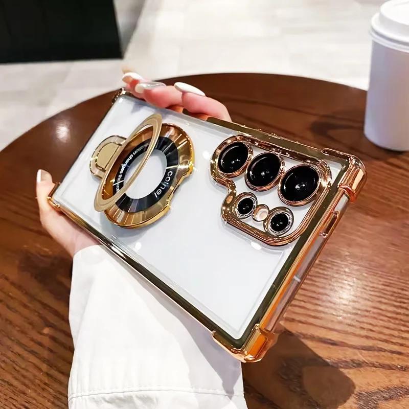 Роскошный чехол с магнитным держателем с гальваническим покрытием, противоударный, для Xiaomi Redmi Note 14 13 Note14 Pro Plus 14C 14S 13C 4G 5G, чехол-подставка