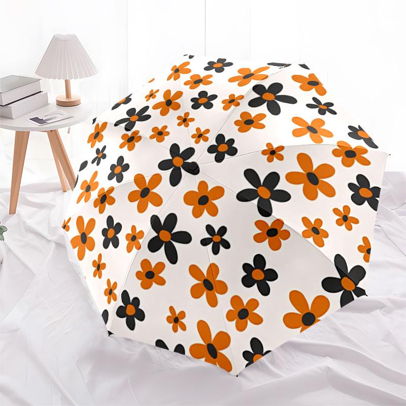 1pc Orange Black Flower Pattern Umbrella - Portable Home Essential, Durable Iron Frame with Rod Structure, Fashion Lovers yy250910128