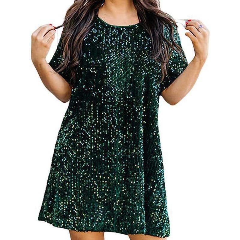 Весенние и летние женские платья, платья с пайетками, плиссированные свободные платья с короткими рукавами и круглым вырезом