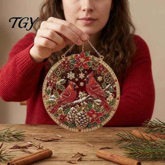 Christmas Tree Decorations Rhinestone Painting Suncatcher Kit, Round DIY Hanging Decor Indoor Outdoor Festive for Home, Craft Pendant Holiday