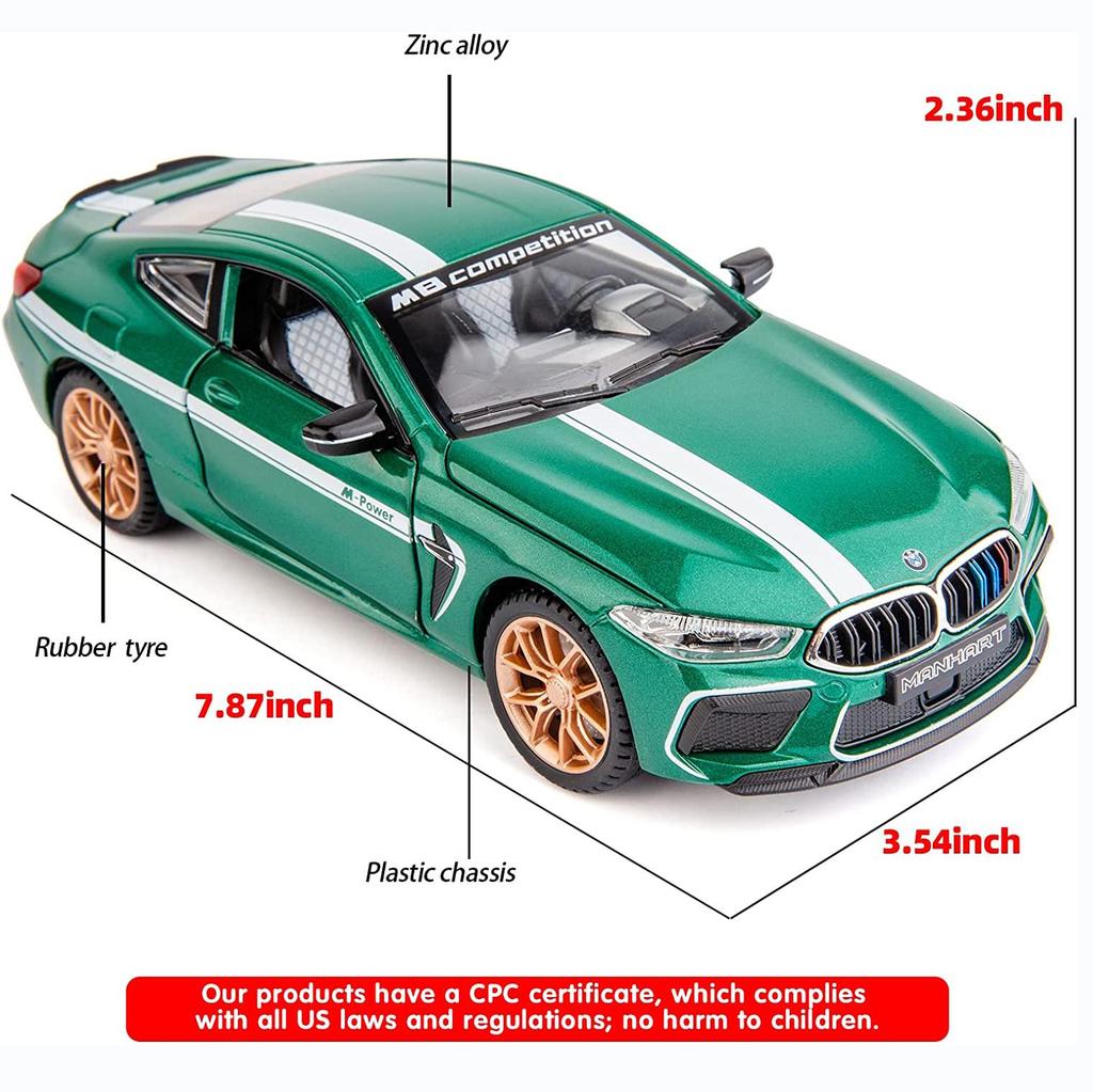 1:24 Scale M8 Model Car, Zinc Alloy Pull Back Toy Car with Sound and Light for Kids Boy Girl