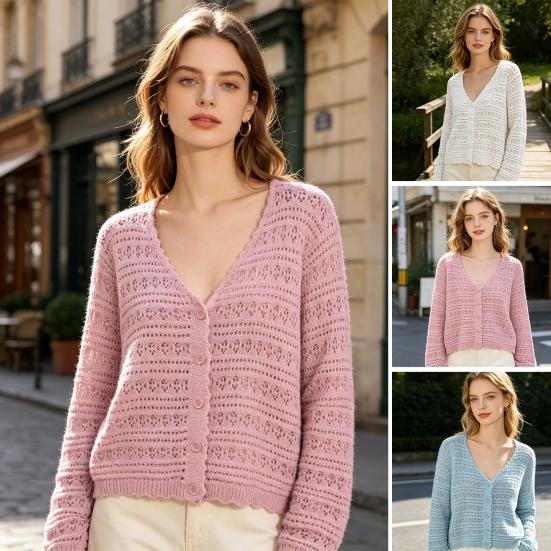 Женский пляжный crochet-вязаный кардиган-накидка в стиле бохо с вырезами, длинный рукав, на пуговицах, летние рубашки для защиты от солнца